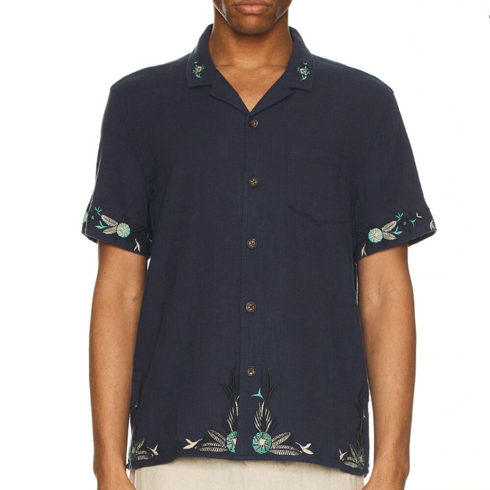 Marine Layer short-sleeve embroidered resort shirt, size L